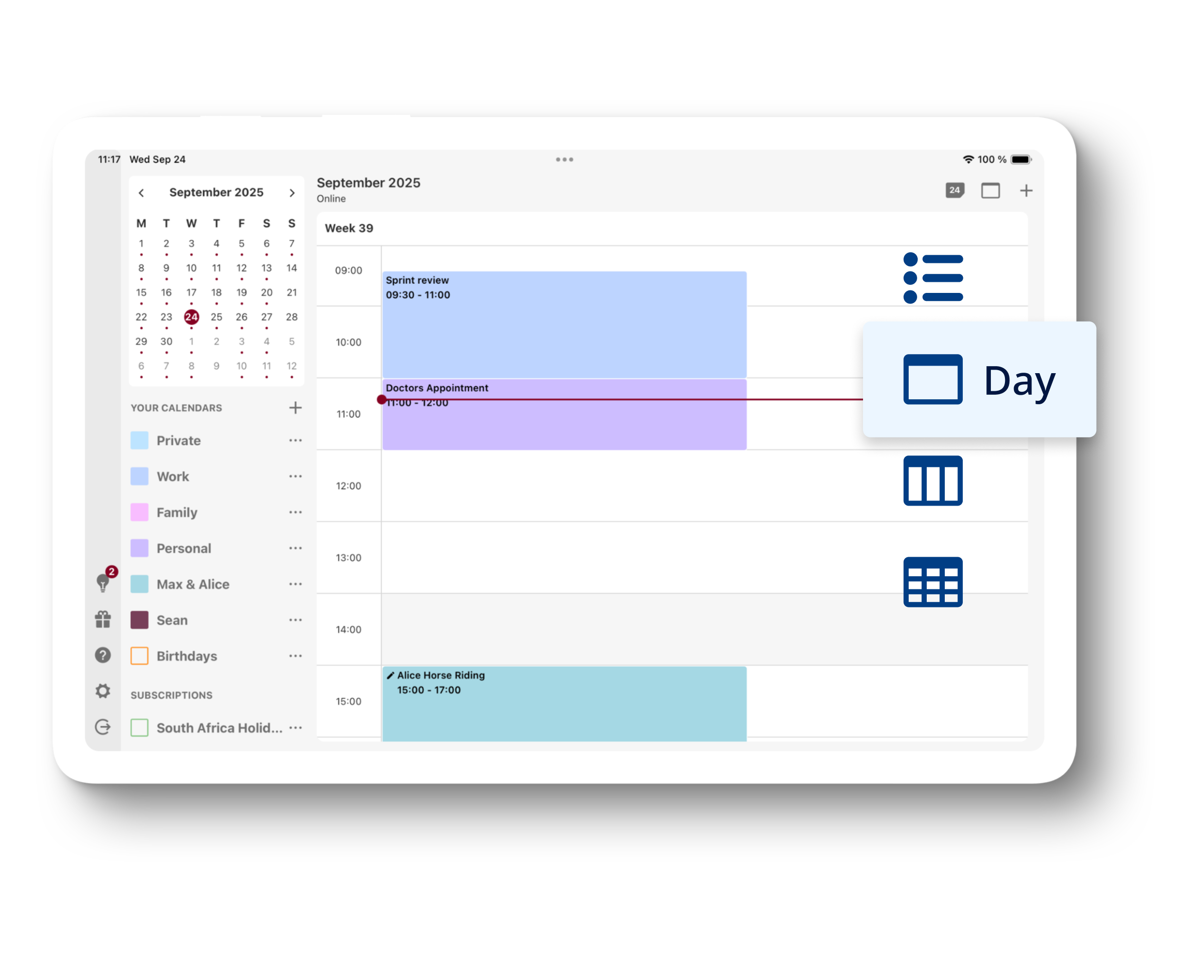 Tablet displaying Tuta Calendar in week view with enlarged icons on the side to symbolize how Tuta's Calendar is customizable allowing you to stay organized.