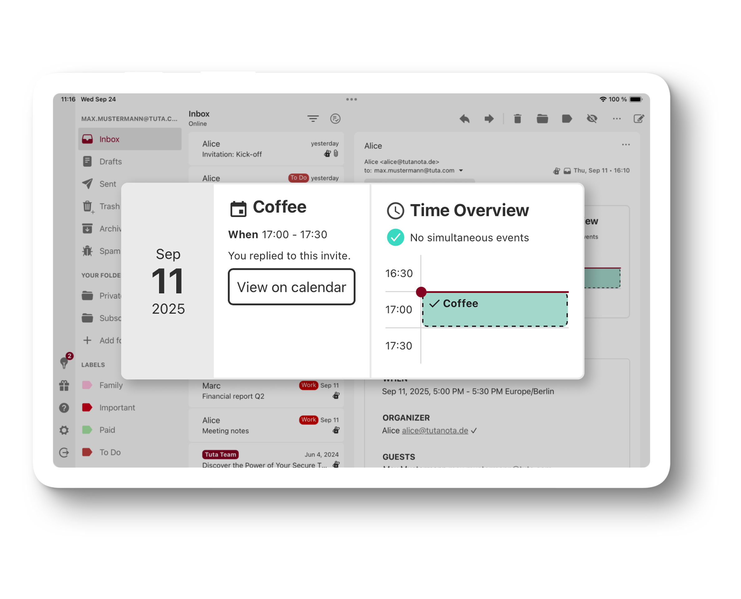 Tablet showing an email opened with calendar invitation details. In front is an enlarged notification to respond to a calendar invitation in Tuta Mail.