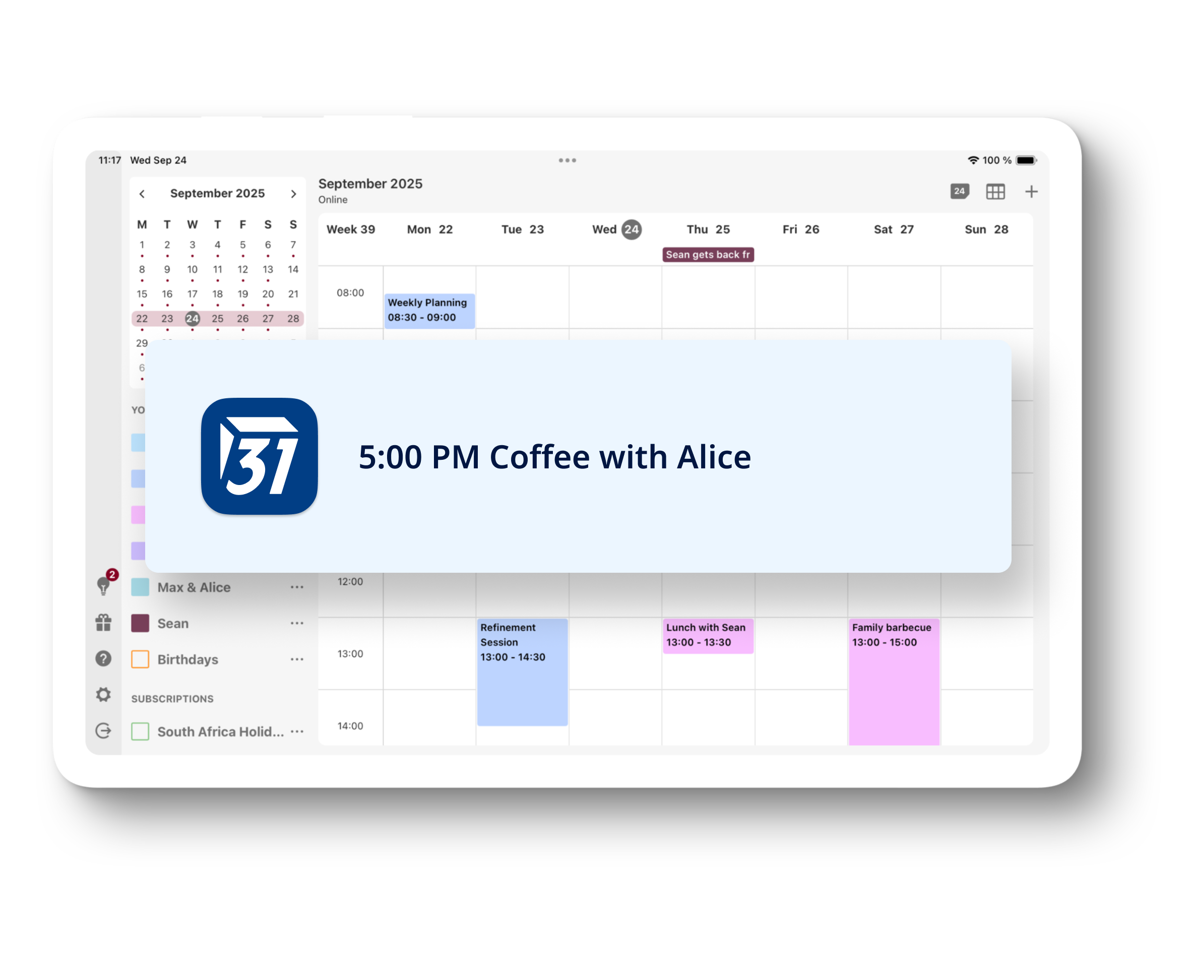 Tablet displaying Tuta Calendar in week view. In front is an enlarged event notification, informing about an upcoming concert.