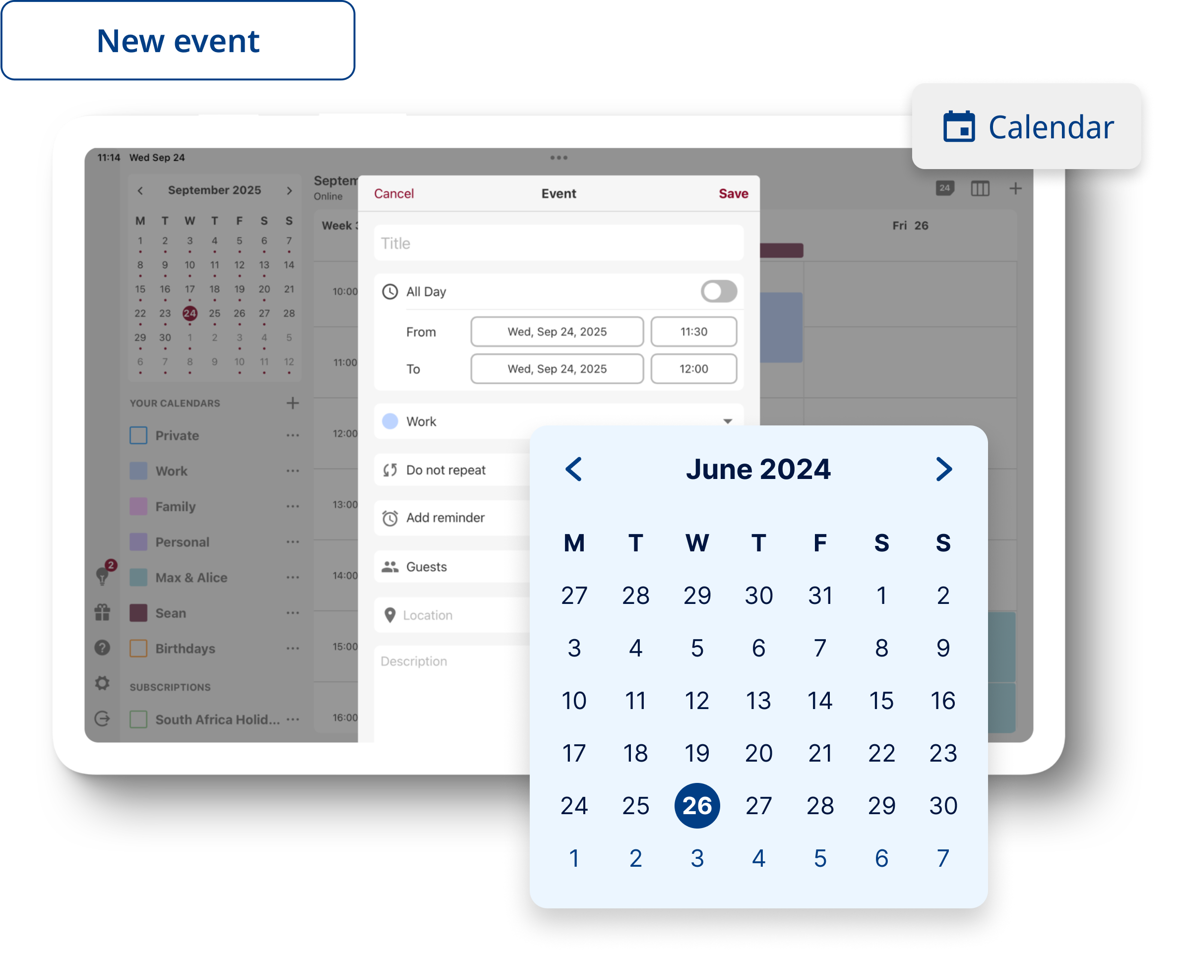 Laptop displaying Tuta's zero-knowledge calendar. In front is an enlarged date menu to choose the event's date.