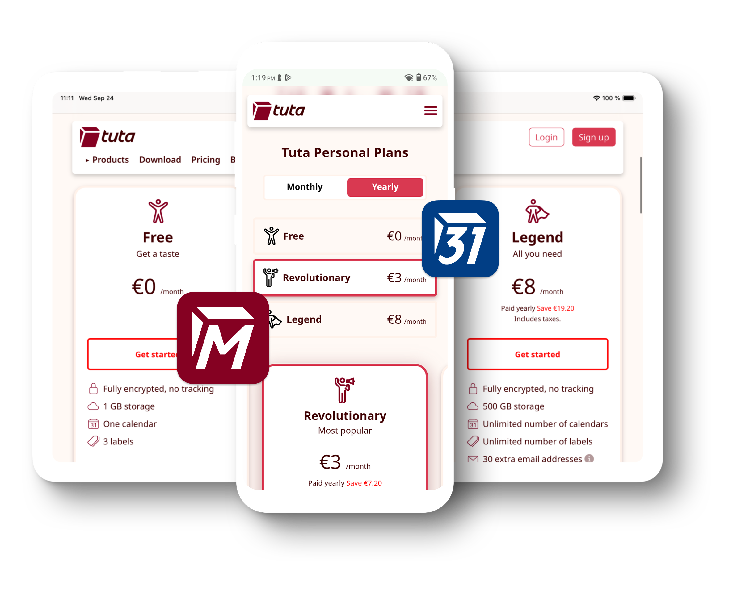 Composition of a tablet with a phone in front. Both devices show Tuta's pricing plans. Symbols for email and calendar are placed in front of the devices.