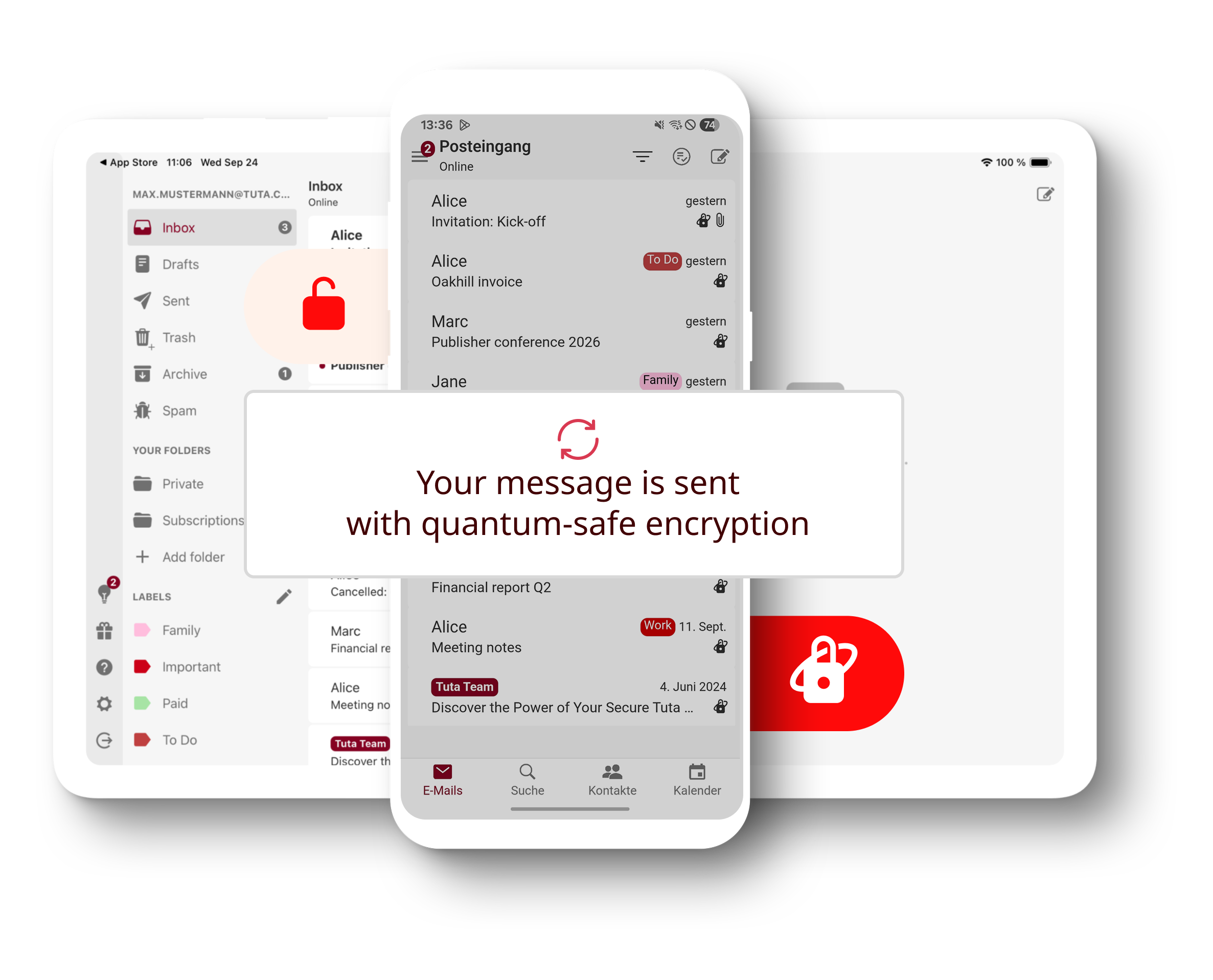 Phone with the secure Tuta Mail app open displaying the email inbox. Enlarged in front of the phone is a note saying "Your message is sent with quantum-safe encryption"