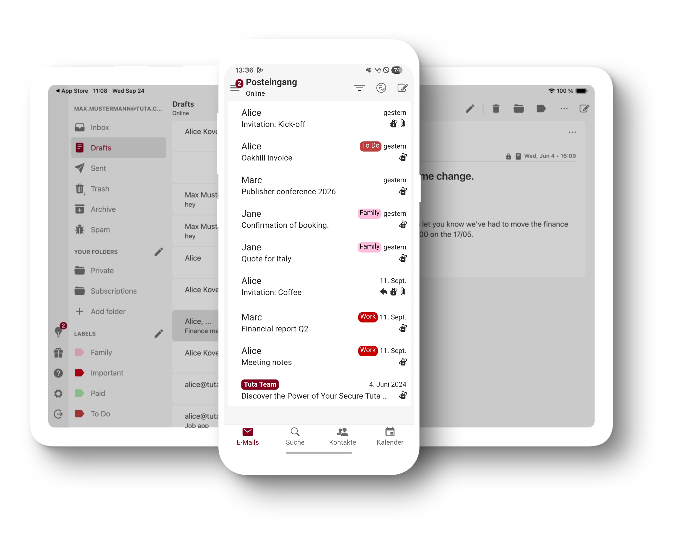 Composition of a tablet with a phone in front. Both devices have the Tuta Mail app opened displaying Tuta's encrypted mailbox. In between the tablet and phone is an illustration of pop-up ads with a red close buttons symbolizing Tuta's ad-free interface.