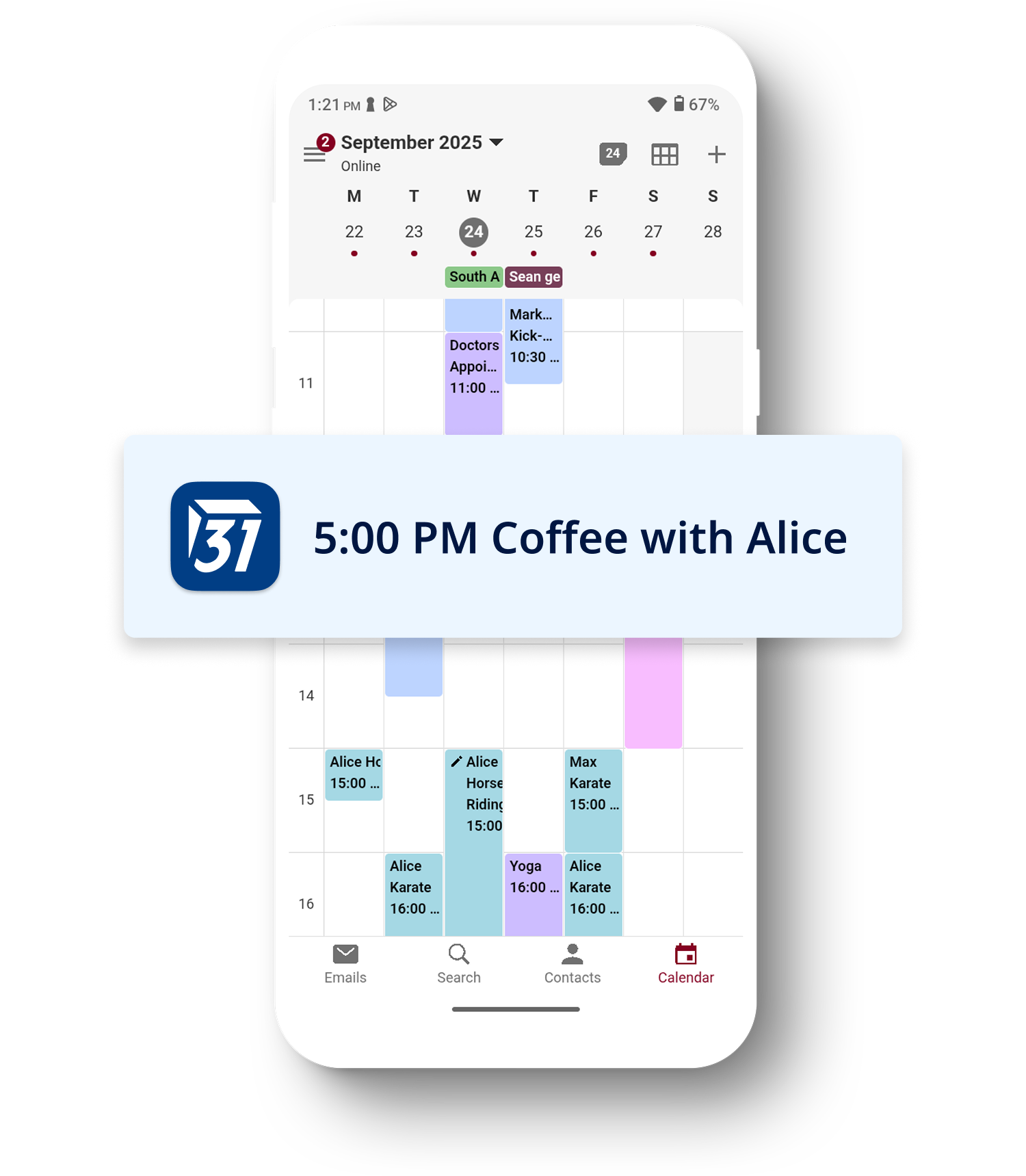 Phone showing Tuta Calendar in week view. In front is an enlarged event notification, informing about an upcoming concert.