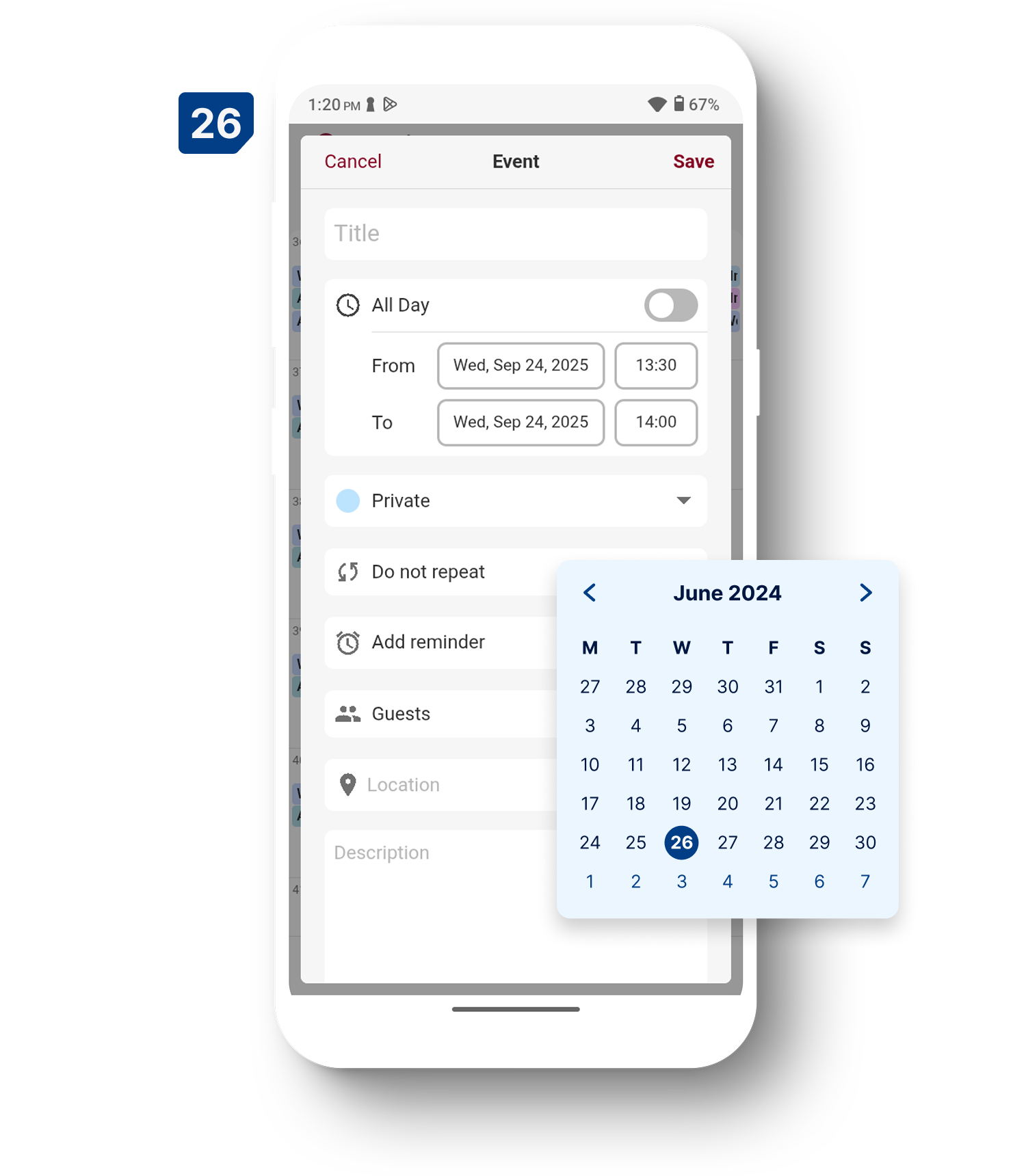 Phone showing how to create an event with Tuta's zero-knowledge calendar. In front is an enlarged date menu to choose the event's date.