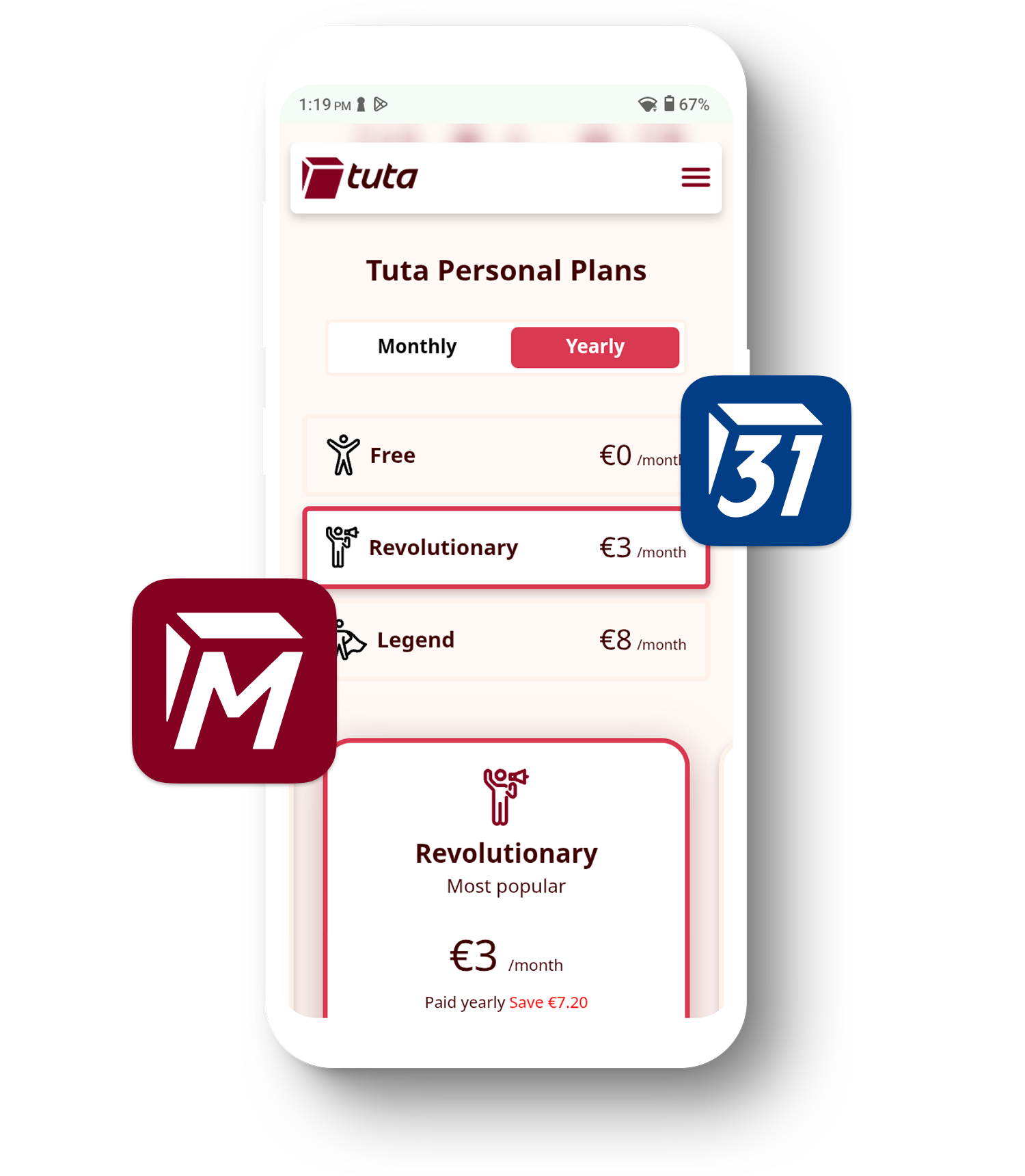 Phone displaying Tuta's pricing plans. Symbols for email and calendar are placed next to the phone.