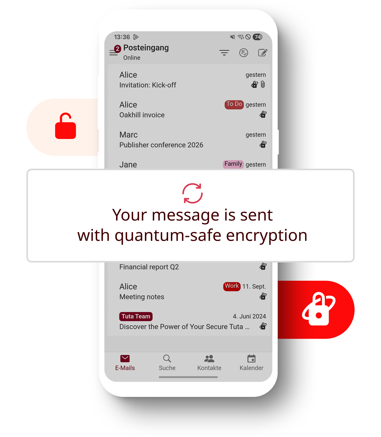 Phone with the secure Tuta Mail app open displaying the email inbox. Enlarged in front of the phone is a note saying "Your message is sent with quantum-safe encryption".