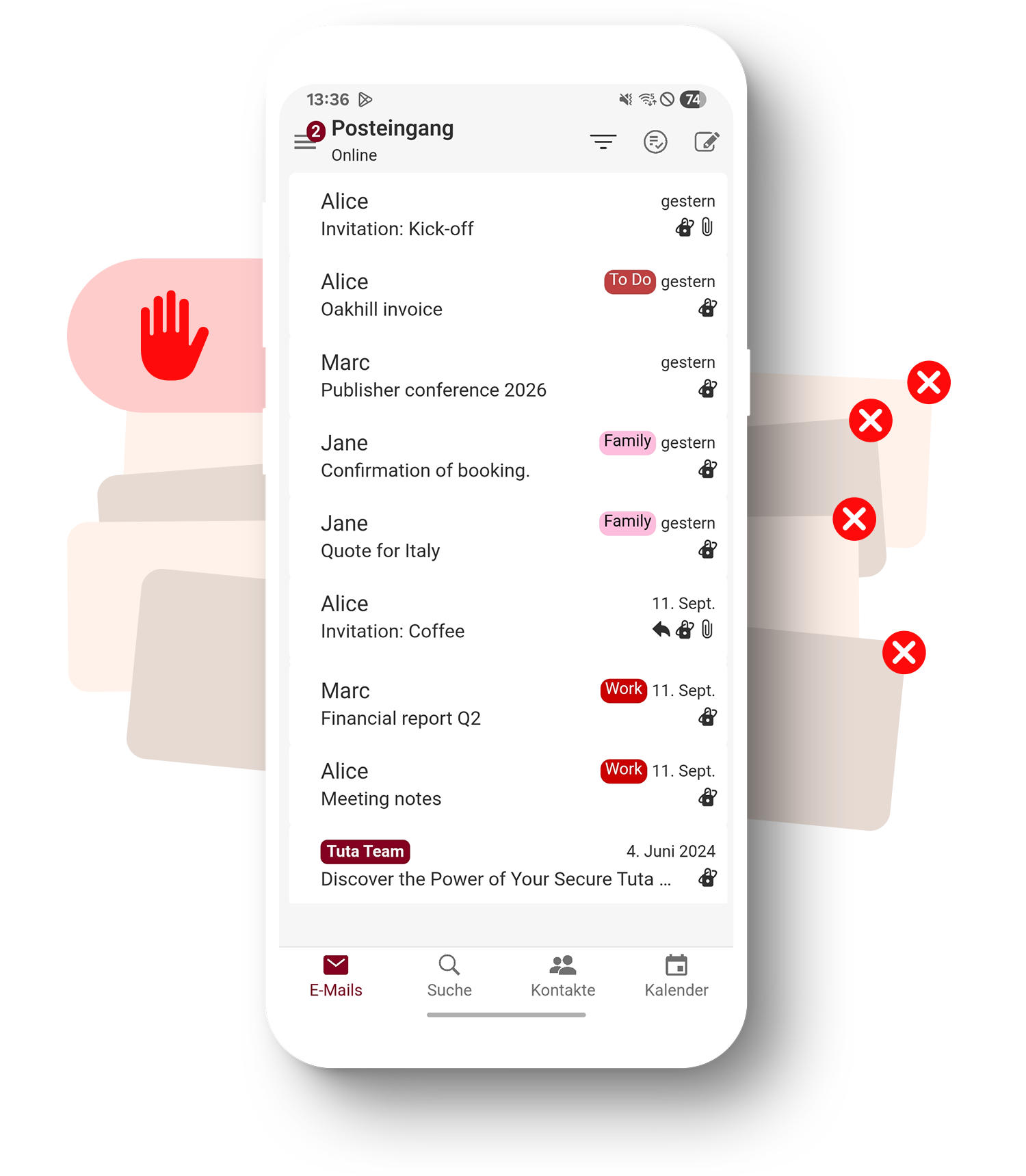 Phone with the Tuta Mail app opened showing Tuta's encrypted mailbox. Behind the phone is an illustration of pop-up ads with red close buttons and a red hand symbolizing that the ads are being stopped.